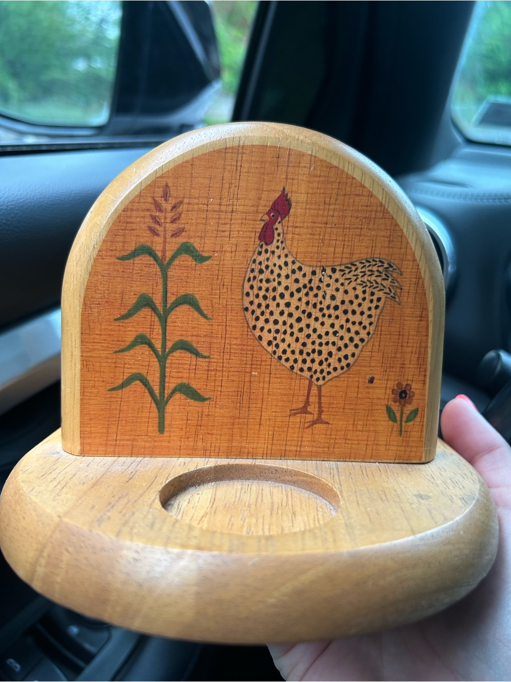 Vintage Wooden Chicken Napkin Holder with Folk Art Rooster